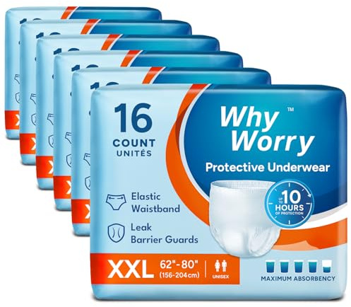WhyWorry Culottes Incontinence pour Homme et Femme, Couche Culotte Adultes pour Fuites Urinaires, Slips Absorbants Jetables, Contrôle des Odeurs, Unisexe, Taille XXL, 96 Unités (6 Lot de 16)