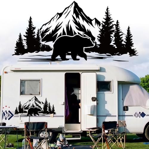Montagne Boussole Autocollant pour Capot de Voiture,Ours Forêt Auto Graphique Vinyle Decal Décoration Automatique pour Coffre de Porte Latérale Carrosserie de Véhicule VR Tout-terrain SUV,Noir