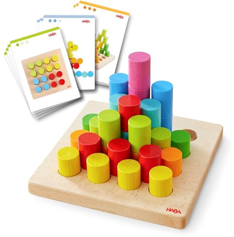 HABA Gioco a incastro, cilindro – Gioco di abilità motorie a partire dai 2 anni con 30 blocchi in legno colorati e 10 carte modello, giocattolo educativo per bambini – 2012246001