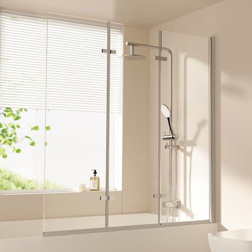 EMKE Paroi de douche pour baignoire - 120 x 140 cm - En verre de sécurité - 3 pièces - Pliable - Pour baignoire, paroi de douche pliante - 6 mm - En verre de sécurité