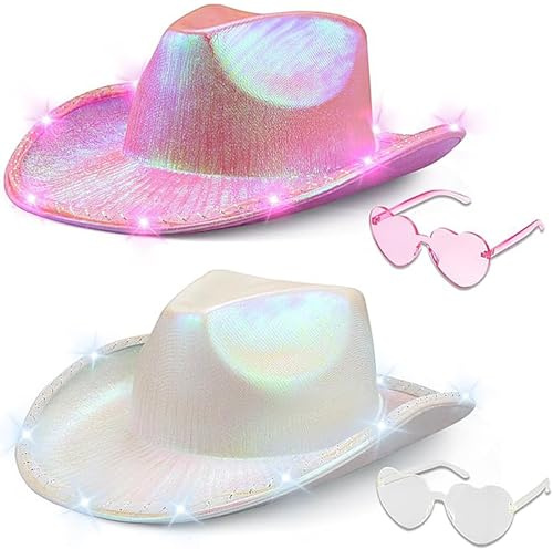 Tanganan 2pcs Light Up Cowboy Hat for Women Men,Halloween Costume LED Cowgirl Hats Western Cow Girl Hat Sparkly Space Cowboy Hats for Party Halloween Costume Dress Up (white+pink)