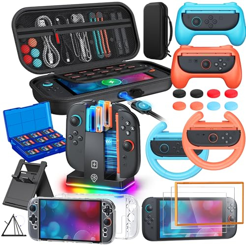 [Charge Inside]23-In-1 WAXITY Carrying Case Bundle for Nintendo Switch 2 | Travel Carry Bag Set Kit for Switch 2 with Charging Dock, Protective Case, Screen Protector, Grips for Joycon, Steering Wheel