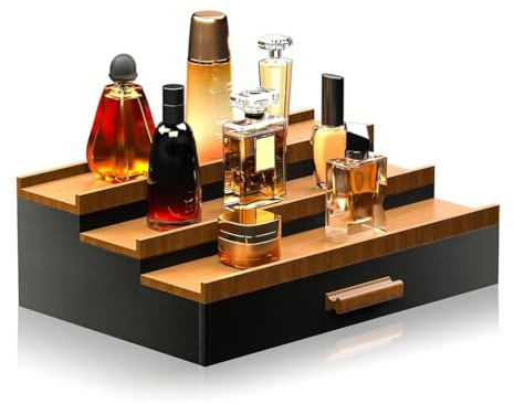 Tagtight Organizador de perfume para hombres, 3 niveles, caja de almacenamiento de cosméticos, expositor de perfume con cajón oculto, soporte para perfume, estante graduado para joyas de perfume para
