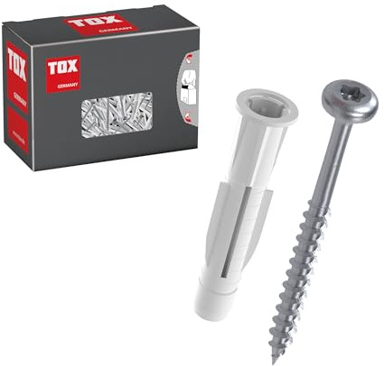 TOX universalplugg TRIKA 6/36 + S, plugg och panheadskruv för nästan alla byggmaterial, enkel montering, vridsäker, pluggkåpa skyddar ytan, 30 stycken i kartong, 01119184