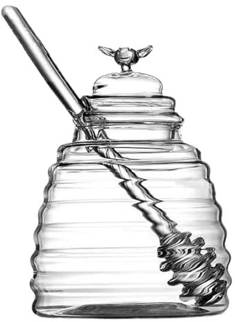 DAWCBVJQ Honungsdispenser av glas, 10 x 14 cm honungsglas med lock, honungsburk med honungssked, transparent honungsglas, honungsbehållare av glas, glas honungskruka
