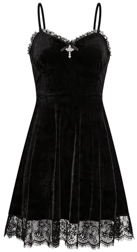 LUYANA Women Gothic Velvet Mini Dress Camisole Party Dress | Spaghetti Straps, Gothic, Punk, Grunge, Y2k, Emo Style, A-Line Dress for Halloween, Role-Play, Evening, Cocktails & Night Out