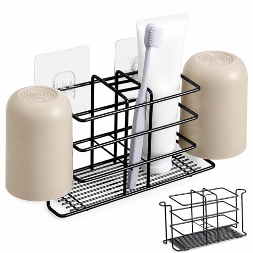 ILOVMUP 1 Pack Black Stainless Steel Toothbrush Holders, Wall or Countertop | Wall Mounted Electric Toothbrush Holder with 3 Slots and Hooks, Metal Toothbrush Holder with Self-draining for Toiletries