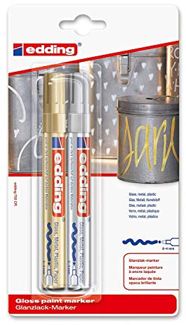 edding 750 Marqueur peinture brillante - or, argent - 2 feutres peinture brillante - pointe ronde 2-4mm - pour dessin, coloriage, scrapbooking - étanche, très opaque