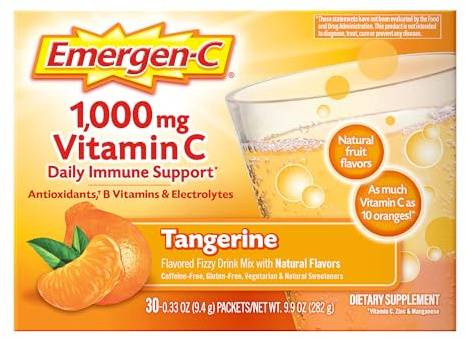 Emergen-C 1000mg Vitamin C Immune Support Powder Tangerine 30CT includes Zinc, Manganese, 7 B Vitamins and Electrolytes for Back to School Essentials
