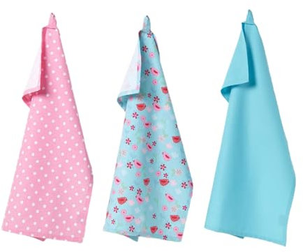 HOMESCAPES - Pure Cotton Tea Towels Set of Three - Birds and Flowers - Pink Blue - 50 x 70 cm - Fully Coordinated Washable Kitchen Linen