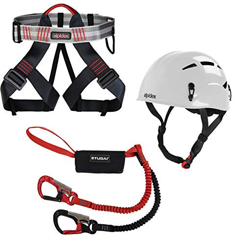 ALPIDEX Kletterhelm Klettergurt + Stubai Klettersteigset Basic 3.0, Farbe:Bright White, Größe:Gurt - Universalgröße/red Pepper