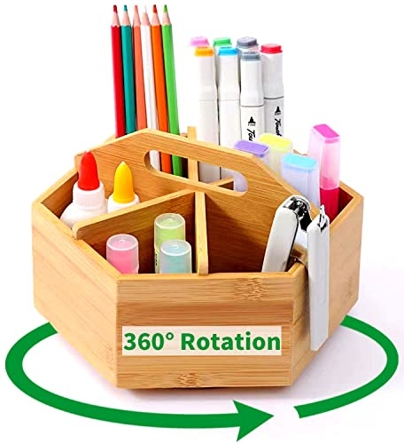 Organisateur de bureau rotatif à 360 ° en bambou, porte-crayons en bois avec poignée, organiseur de table, 6 compartiments surdimensionnés comme organisateur de bureau, organisateur de maquillage
