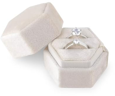 AIEX Velvet Ring Box for Jewellery Double Slots Hexagon Ring Box for Engagement Ceremony Wedding Valentine's Day Holding 2 Rings (Beige)