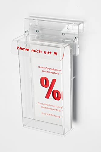 DIN Lang Prospektbox/Prospekthalter/Flyerhalter wetterfest, für Außen, mit Deckel, aus hochwertigen Acrylglas mit Schriftzug