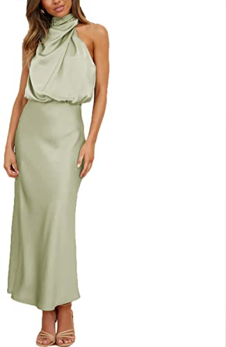 Daysskk Women Summer Satin Dress Sleeveless Elegant Formal Dress Mock Neck for Cocktail Party Wedding
