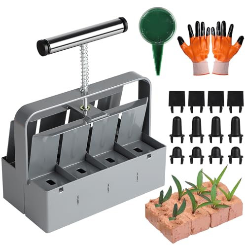 efuturetime Presse Motte pour Semis, pour 8 Bloc de Sol de 4.5x5cm, Bloqueur de Sol Manuel avec Semoir à Graines et Gants, Bouchon Plastique Remplaçable, pour Plantation Transplantation, Gris