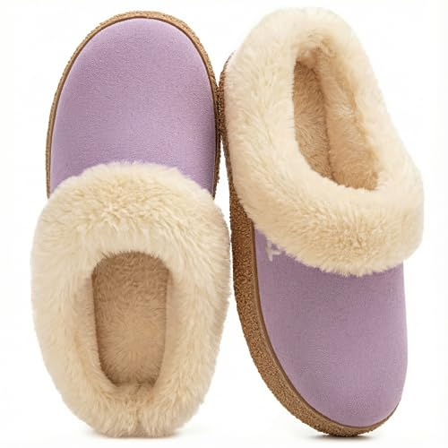 EverFoams Women's Microsuede Slippers Comfy Memory Foam Non-slip Indoor House Shoes with Fuzzy Collar Purple, 7-8 UK