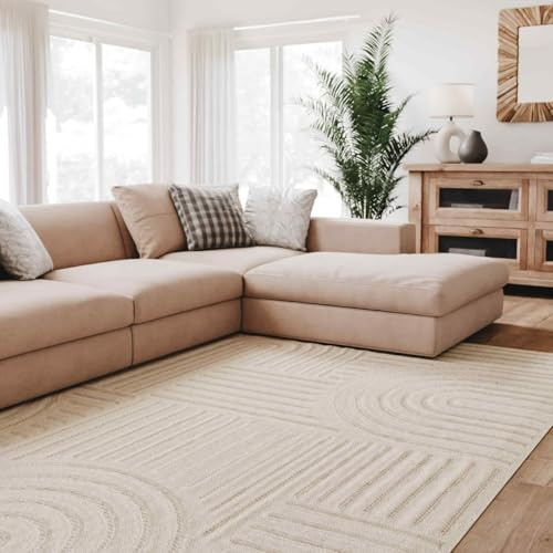 Interiyou Tappeto salotto pelo corto Lecce - 160x230 cm Crema - Stile boho scandinavo con effetto 3D alto-basso - Piatto con motivo geometrico