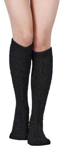 Moon Wood Chaussettes Chaudes Femme Pilou Pilou Femmes Tricotées Polaire Corail Chaussettes Hautes Montantes Hiver Chaussette Thermiques au Genou 35-42 Noir