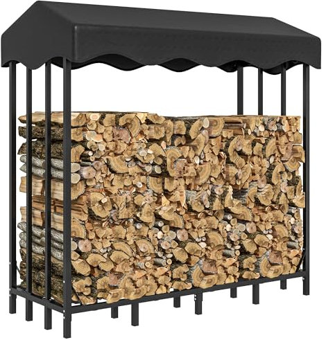 Outsunny Soporte para Leña con Cubierta 143x70x145 cm Leñera de Exterior Estante de Leña de Metal con Estructura Reforzada Impermeable Carga 1200 kg para Interior y Exterior Negro