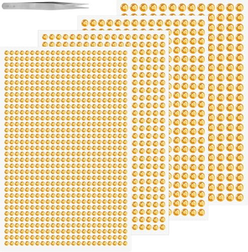 Bkemkri Gelbe Strasssteine, 1 Pinzette, runde Glitzersteine 1752 Stück selbstklebend zum Verzieren und Basteln, Schmucksteine zum aufklebe, Steinchen Dekosteine Bastelsteine Gelb Gold, 3mm 4mm 5mm 6mm