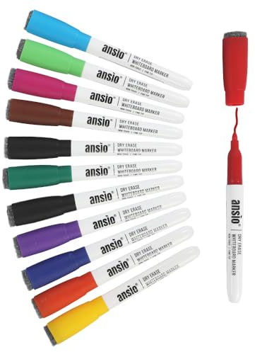 ANSIO Whiteboard Pens Pack of 12, Assorted Colours, Fine Tip Markers with Eraser Lids