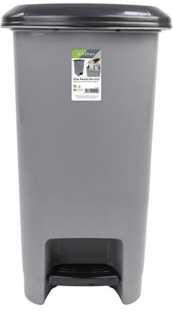 JVL Slim Plastic Lidded Foot Pedal Waste Bin, 60L, Grey