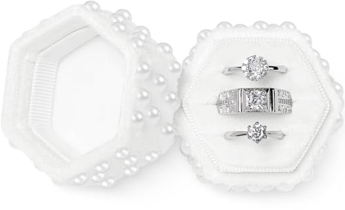 WantGor Velvet Jewelry Ring Box, 3 Slots Hexagon Ring Gift Box Vintage Ring Display Holder Case for Wedding Ceremony Proposal Engagement (White Pearl)