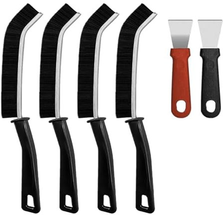 Juego de 6 cepillos de limpieza de grietas con raspador de vitrocerámica, cepillo de limpieza de juntas para esquinas, cepillo de limpieza multiusos (curvado + recto) para azulejos, baño, cocina