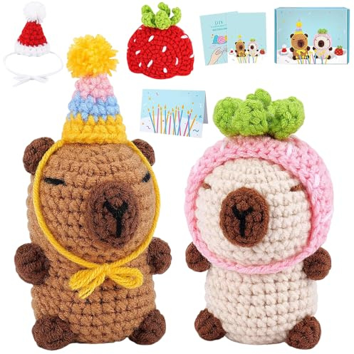 Rppiup Crochet Kits for Beginners Adults Kids, 2pcs Animal Capybara Beginners Crochet kit Include Videos Tutorials, Hats, Crochet Hook, Instructions, Yarn, Crochet Kit for Beginners Creative DIY Gift