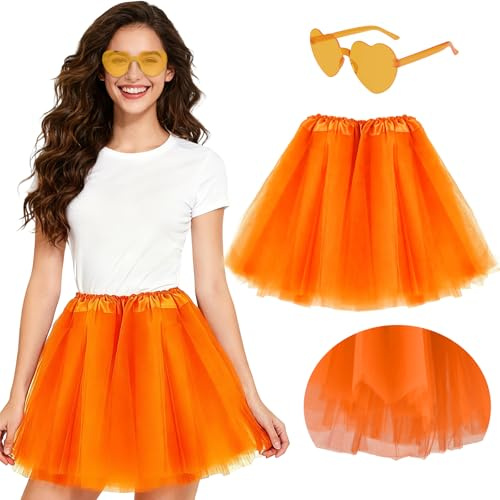 PLULON Orange Tutu 5 Layers Skirt for Women with Heart Sunglasses, Neon Tutus 80s Princess Puffy Tulle Skirt for Bachelorette Christmas Halloween Costume Theme Party Holiday Ballet Running