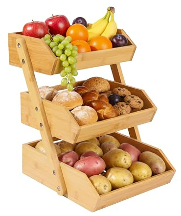 Relaxdays Etagere de bambú, 3 Niveles, 41 x 33 x 30 cm, Soporte para Frutas, Verduras y Pasteles, frutero, Natural