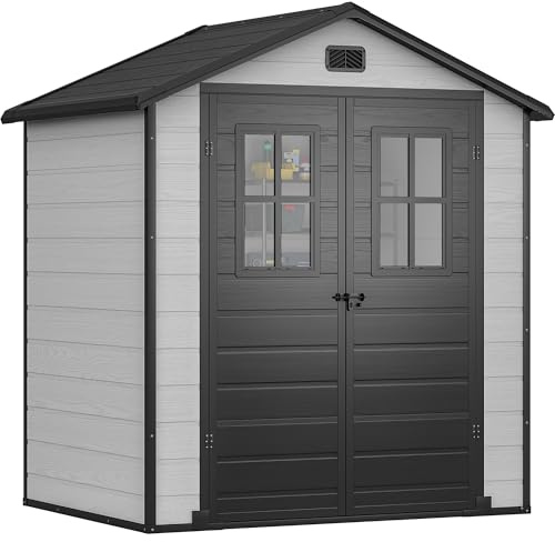 DWVO 6x4.4ft Outdoor Storage Shed, Plastic Garden Tool Shed with 2 Vision Windows, Double-Wall Outside Shed for Mower Lawn, Garden Tool for Backyard Lawn Patio, Lockable, Grey&Black