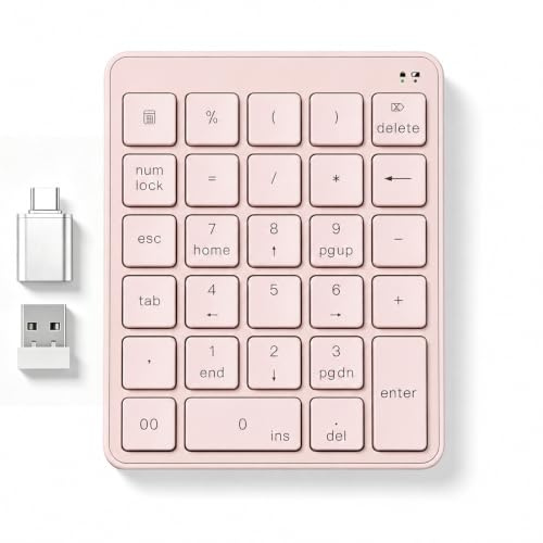 Wireless Number Pad with USB to USB-C Adapter, Numeric Keypad Numpad 28 Keys Portable 2.4 GHz Accounting Number Keyboard, 10 Key USB Keypad for Laptop, PC, Desktop, Surface Pro, Notebook - Pink
