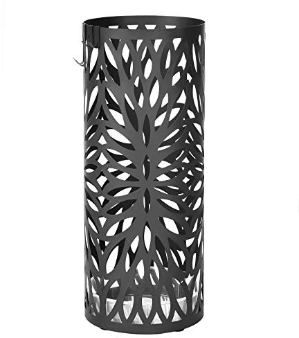 SONGMICS Umbrella Stand, Umbrella Holder for Entryway, Steel Round Umbrella Rack Freestanding, for Canes Walking Sticks, with a Detachable Drip Tray, 2 Long and 2 Short Hooks, Matte Black ULUC20B