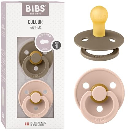 BIBS Colour Soother 2-Pack, BPA Free Dummy Pacifier, Round Nipple. Natural Rubber Latex, Size 1 (0-6 Months), Dark Oak/Blush