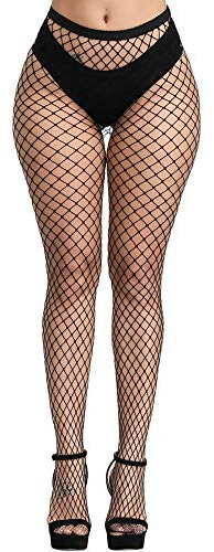 E-Laurels Womens High Waist Patterned Fishnet Tights Suspenders Pantyhose Thigh High Stockings Black, Black Fishnet Tights L_hole, One Size