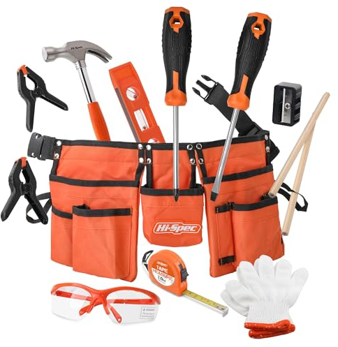 Hi-Spec 16pc Orange Kids Tool Kit Set & Child Size Tool Belt for Boys and Girls Ages 5-7 Years, Real Metal DIY Hand Tools for Building, Woodwork, Construction and Crafts Learning