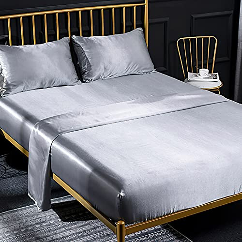 Jemiipee Juego de Sabanas de Cama Raso Color Sólido, 1 x Sábana Bajera Ajustable 135x190 cm con 35 Bolsillo Profundo, 1 x Encimera y 2 x Fundas de Almohada, Plata
