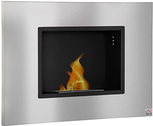 HOMCOM Wall Mounted Ethanol Fireplace, Stainless Steel Bioethanol Heater Stove Fire with 1.2L Tank, 3 Hour Burning Time, Silver