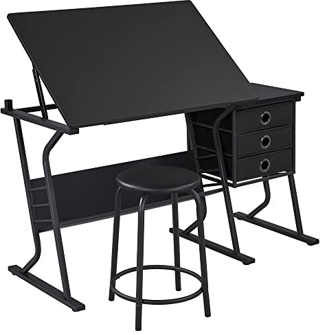 Abician Table à Dessin Inclinable avec Tabouret Bureau à Dessin avec 3 Tiroirs Bureau pour Dessinateur Architecte Peintre Ingénieur Noir
