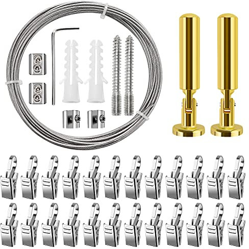YIXISI 5m Asta Metallica per Tende, con 24 Pezzi Clip per Tendine con Gancio, Acciaio Inox Fune Metallica, per Tenda Immagine Cavo Stendibiancheria Filo (Oro)
