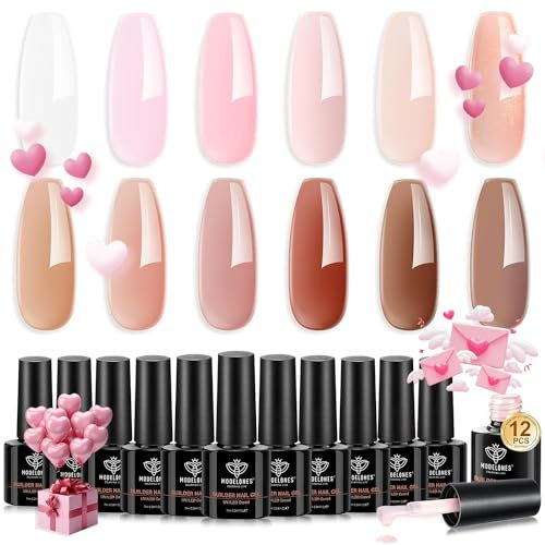 Modelones 12 Color Nail Gel Set - Pink, Brown, White Hard Extension & Strengthener with Base