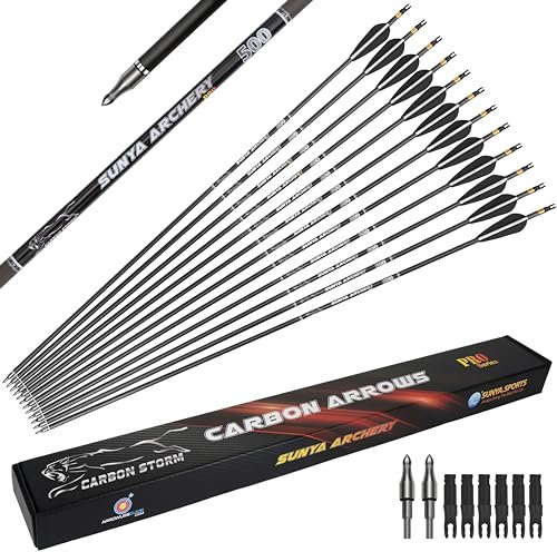 Sunya Pfeile für Bogenschießen. Spine 400/500, 30 Zoll Carbonpfeile, Bogen Erwachsene Jagdpfeile für Recurvebogen Compoundbogen. 12er Pack