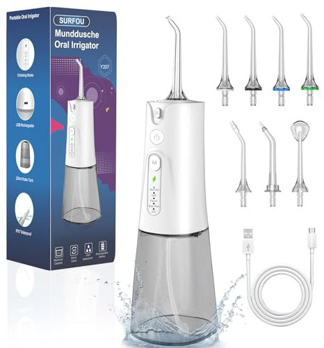 SURFOU Munddusche Kabellos Mundduschen 230ML 5 Modi 7 Düsen, Mundduschen Reise Water Flosser IPX7 Wasserdicht USB-C Wiederaufladbar für Reisen & Hause