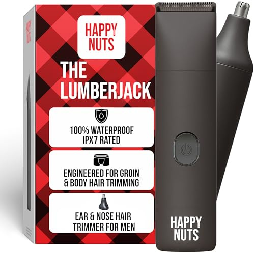 HAPPY NUTS The Lumberjack Elektrischer Körper- und Leistenhaar-Trimmer für Männer, Körperfriseur-Set für private Männer, weicher Ballrasierer und Schamhaare (Graphit)