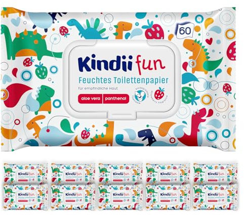Kindii Fun Feucht-Toilettenpapier – (10x60 Stück) Feuchtes Toilettenpapier – Kamille, Aloe Vera, pH-neutral, spülbar, erfrischt den Intimbereich – 600 Stück