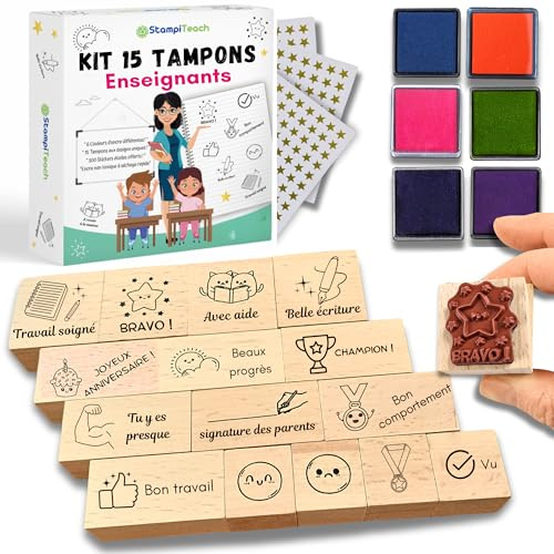 Tampon Correction Enseignant - Coffret Cadeau Maitresse d'école, 15 Tampons maitresse, 6 Encreurs, 300 Gommettes Étoiles, Ebook Pédagogique, Kit Professeur des Écoles