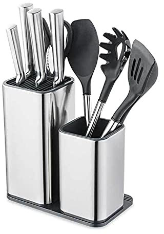 Bloque de cuchillos 2 en 1 sin cuchillos, de acero inoxidable, vacío, organizador de cuchillos, para cuchillos de cocina, cubiertos, utensilios de cocina, cuchillos y tijeras de ave/afilador