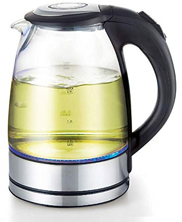 Bouilloire électrique en verre, bouilloire écologique de 1,7 L avec LED lumineuse, chaudière à eau sans fil avec couvercle et fond intérieur en acier inoxydable, arrêt automatique et protection cont